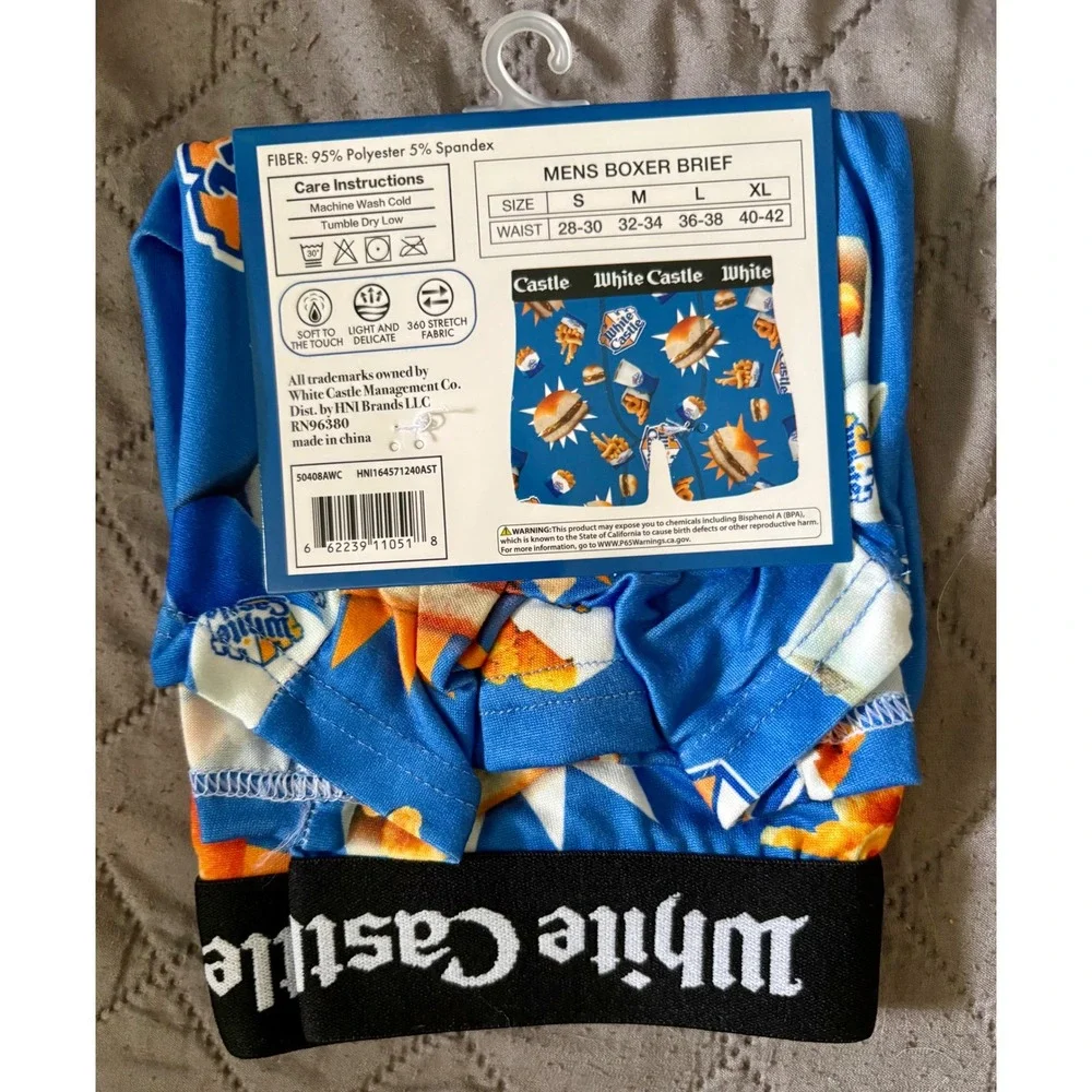 White Castle Mens Boxer Briefs Blue Burger Fries Food Print Size Med 32-34 NEW